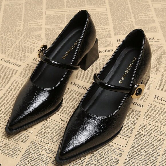 Black Elegant Women's Minimalist Pointed Toe Chunky Heel Pumps - Picture 2 of 5